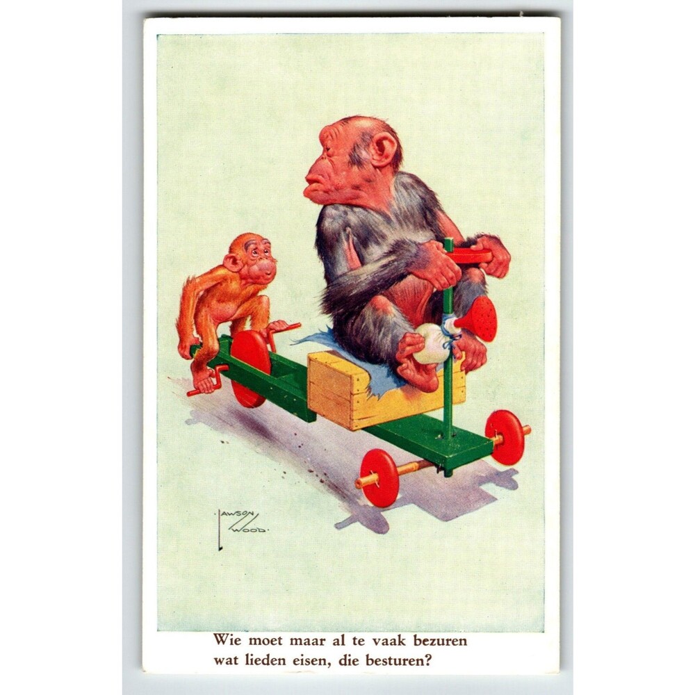 Monkey Chimps On Wood Cycle Postcard Larson Wood Signed Fantasy Anthropomorphic